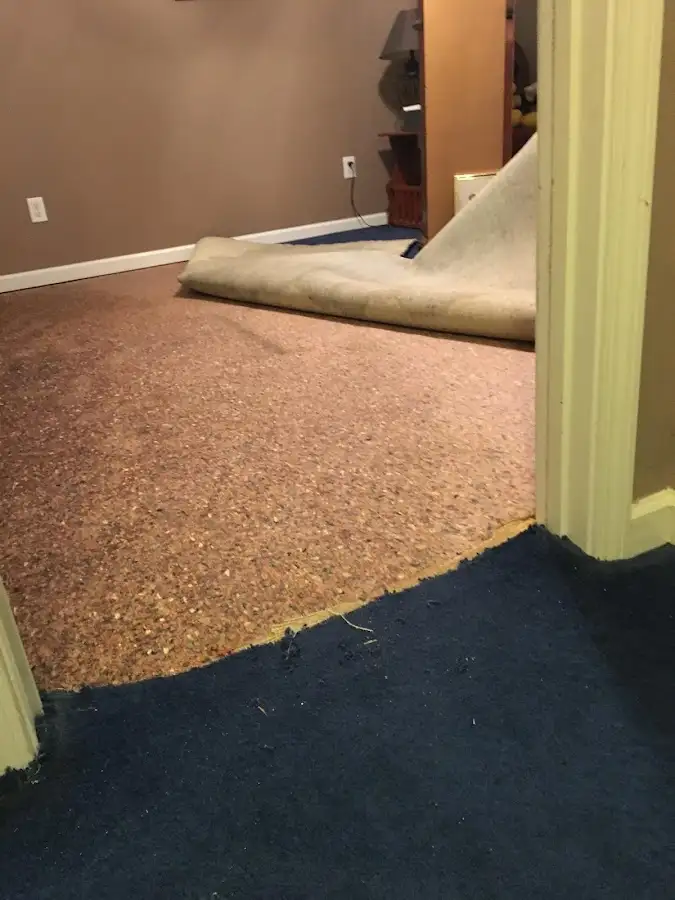 Carpet pad removal revealing water damage during Drying & Dehumidification in Norcross